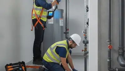 Plumber inspecting leak detection equipment in Warwick, RI for hidden pipe leaks