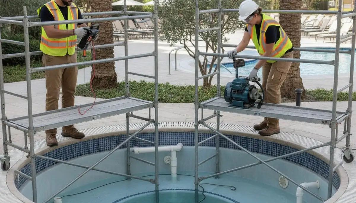 Spa repair technician servicing a home spa in Warwick, RI